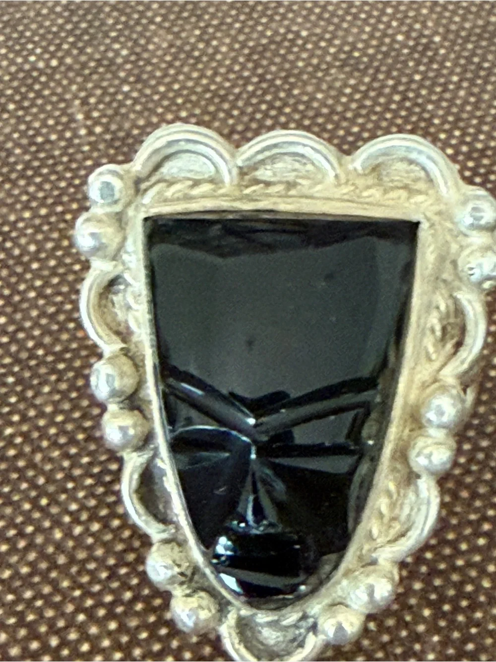 Vintage Sterling Silver Carved Black Onyx Aztec Warrior Mask Ring Size 5.5‎